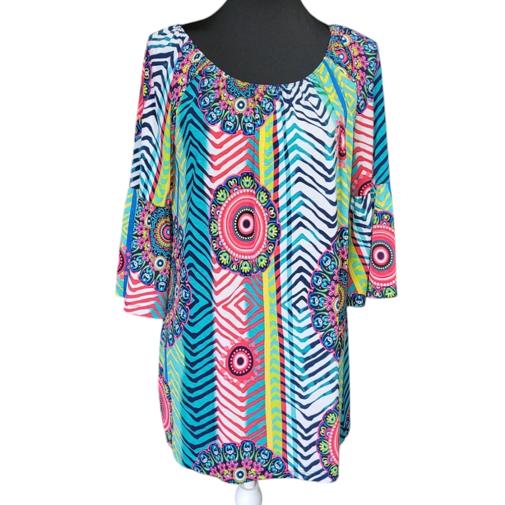 Fascination vibrant bell sleeve tunic top or dress Size S